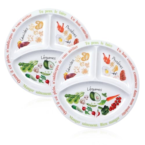 Yuecda Portionskontrollteller für ausgewogene Ernährung – Teller mit gesunder Ernährung für Erwachsene und Jugendliche – Melamin-Unterteilungen, Gewichtsverlust, Diabetesteller（Französischer Text） (2) von Yuecda