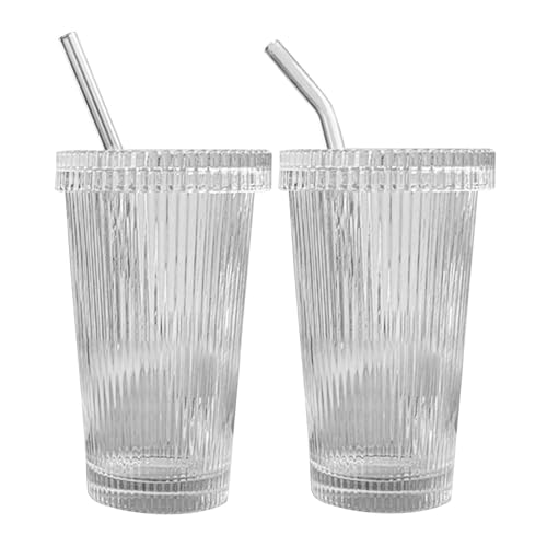 Yuecjian 2 Stück Gerippte Glasbecher mit Deckel und Strohhalm, 375ml Glas Smoothi-e Becher mit Strohhalm, Dickwandige und Robuste Kaffeebecher Travel Mug, Eiskaffee Becher, Trinkbecher von Yuecjian