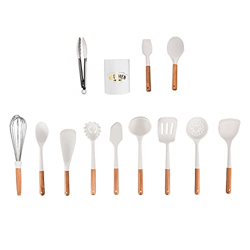 12-teiliges Silikon-Kochgeschirr-Set, leicht zu reinigendes Küchenutensilien-Set, weißes nordisches minimalistisches Küchengeschirr-Set mit Holzgriff von Yuecoom