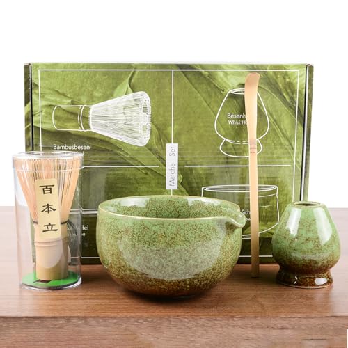 4-teiliges japanisches Matcha-Teeset, Matcha-Werkzeug-Set enthält Matcha-Schale, Bambus-Matcha-Schneebesen, Matcha-Schneebesen, Matcha-Schneebesen, Schaufel für Teeliebhaber (Ofenglasur-Grün) von Yuedefly