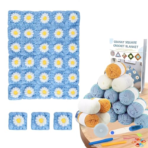 Yuedefly Häkeldecken-Set, Häkel-Starter-Set, Gänseblümchen-Oma, quadratisches Häkeldecken-Set für Anfänger und Erwachsene, inklusive Garn und Anleitung (blau) von Yuedefly