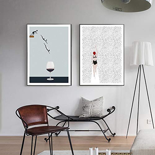 Abstrakte Nordic Kunstwerk Poster Schwimmen Weinglas Leinwand Malerei Wandkunst Bilder für Wohnzimmer Moderne Dekorative 50x70cm (20x28in) x2 Rahmenlos von Yuefa Art