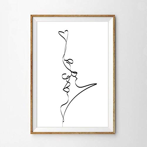 Abstrakte Paar Kuss Einzellinie Zeichnung Leinwand Malerei Druck Liebe Schwarz Weiß Geschenke Wandkunst Dekor Poster Ästhetische Raumdeko-50x70cm Kein Rahmen von Yuefa Art
