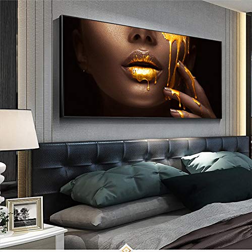 Afrikanische Frau Leinwand Gemälde Gold Lippe Schwarz Poster Druckt Wandkunst Bild für Wohnzimmer Dekoration Cuadros 80x160cm (32x63in) Rahmenlos von Yuefa Art