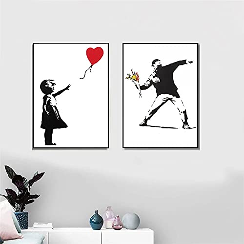 Banksy Graffiti Kunst Leinwand Malerei Mädchen Mit Rotem Ballon Malerei Schwarz Weiß Wandkunst Poster Nordic Wohnzimmer Home 50x60cm (20x24in)x2 Rahmenlos von Yuefa Art