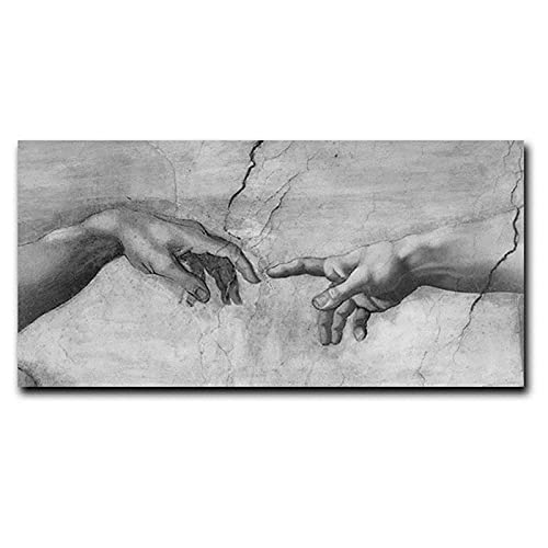 Berühmte Schwarzweiß Die Erschaffung Adams Von Michelangelo an der Wand Leinwand Gemälde Poster Hand zu Hand Kunstbilder 70x140cm (28x55in) Rahmenlos von Yuefa Art