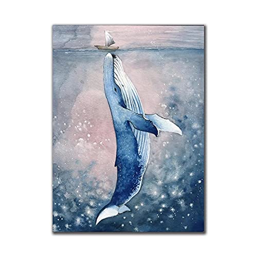 Druck auf Leinwand Großer Wal mit Kleinem Schiff Leinwand Gemälde Poster Drucke Wandkunst Bild für Wohnzimmer Wanddekor 40x60cm (16x24in) Rahmenlos von Yuefa Art