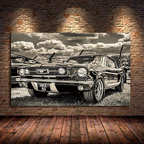 Yuefa Art Ford Mustang Oldtimer Retro Wandkunst Dekor Bild Auf Poster Und Drucke Vintage Luxus Leinwand Malerei Wohnzimmer 80x140cm (32x55in) Rahmenlos von Yuefa Art