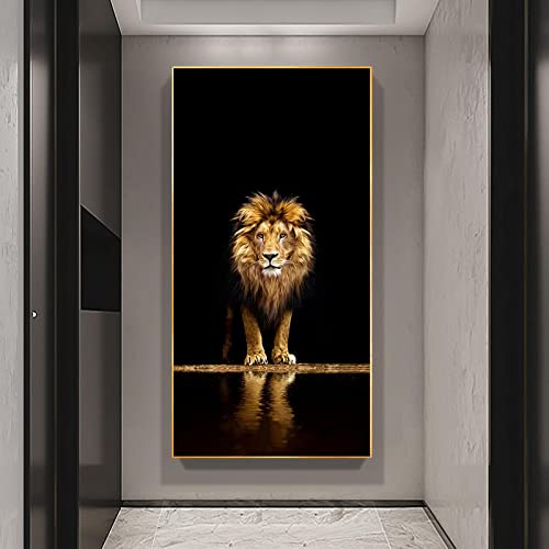 Golden Black Lion Leinwand Poster Moderne Wohnkultur Tierdruck Wandkunst Malerei Bild Wohnzimmer Dekoration Wandbild 40x85cm(16x34in) innerer Rahmen von Yuefa Art