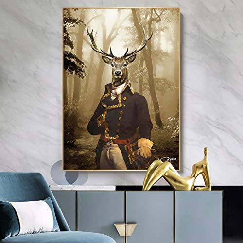 Hirsch General In Nebelwald Leinwand Malerei Auf Wand Kunst Poster Und Drucke Tier Im Anzug Lustiges Bild Für Raumdekor 30x55cm (12x22in) Rahmenlos von Yuefa Art