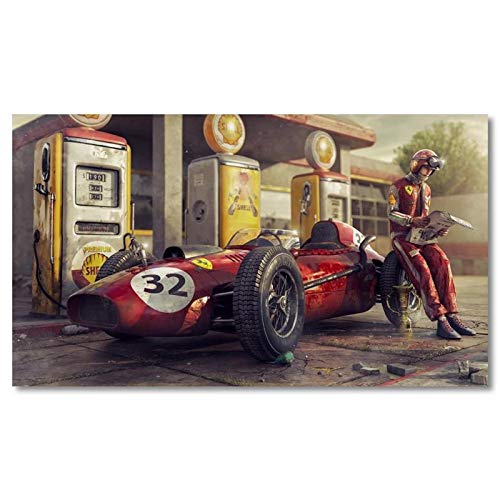 Klassische Vintage Auto Kunst Wand Poster Wandbild Ferrari Racing F1 Leinwand Malerei Bild Wohnzimmer Home Wanddekoration 40x60cm (16x24in) Rahmenlos von Yuefa Art