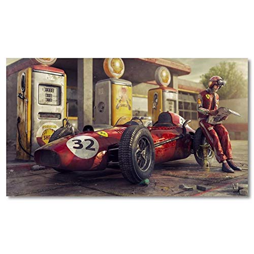 Klassische Vintage Auto Kunst Wand Poster Wandbild Ferrari Racing F1 Leinwand Malerei Bild Wohnzimmer Home Wanddekoration 70x100cm (28x39in) Rahmenlos von Yuefa Art