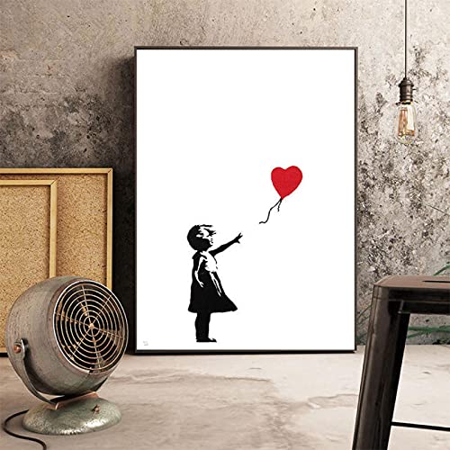 Kunst Leinwand Malerei Mädchen mit rotem Ballon Banksy Graffiti Schwarz-Weiß-Wand-Kunst-Poster für Wohnzimmer Wohnkultur 30x40cm (12x16in) Rahmenlos von Yuefa Art