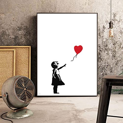 Kunst Leinwand Malerei Mädchen mit rotem Ballon Banksy Graffiti Schwarz und Weiß Wandkunst Poster für Wohnzimmer Wohnkultur 50x60cm (20x24in) Rahmenlos von Yuefa Art