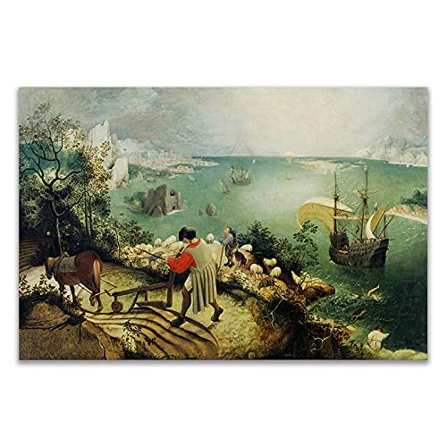 Kunstwerke Landschaft mit dem Fall des Ikarus von Pieter Bruegel der Ältere Klassische Kunst Leinwanddruck Malerei Poster Bilder 70x100cm(28x39in) Rahmenlos von Yuefa Art