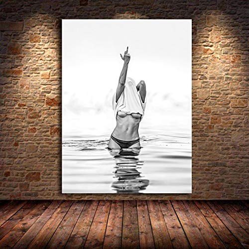 Leinwand Malerei Kunstwerk Moderne Mode Schwarz Weiß Poster Mittelfinger Feministische Wandkunst Frau Bilder Room Decor 30x50cm (12x20in) Rahmenlos von Yuefa Art