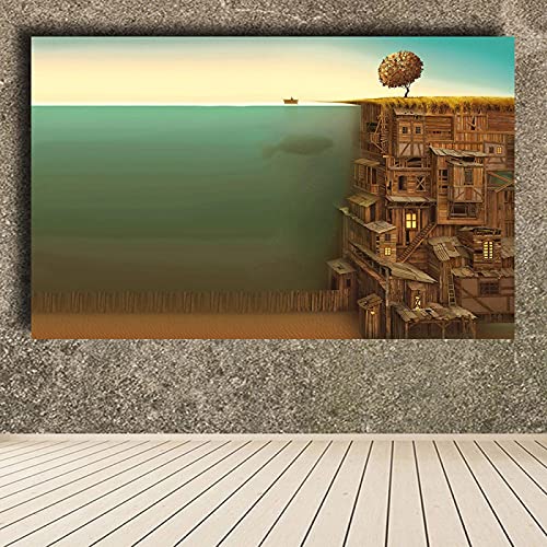 Leinwanddruck Wand Bäume Holz Fisch Surrealismus Kunstwerk Unterwasser Malerei Bilder für Wohnzimmer Poster und Drucke 30x50cm (12x20in) Rahmenlos von Yuefa Art