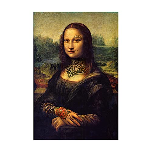 Lustige Kunst Tätowierte Mona Lisa Leinwand Gemälde Böses Mädchen Wandkunst Poster und Drucke Da Vinci Berühmte Gemälde Für Wohnkultur 60x110cm(24x43in) Rahmenlos von Yuefa Art