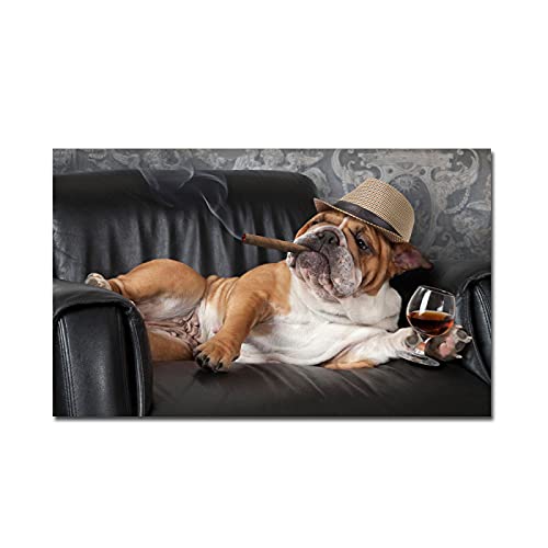 Lustige Tier Poster Druck Malerei auf Leinwand Rauchender Hund Bulldog auf dem Sofa Moderne Wandkunst Bild Für Zimmer Wohnkultur 80x160cm (32x63in) Rahmenlos von Yuefa Art