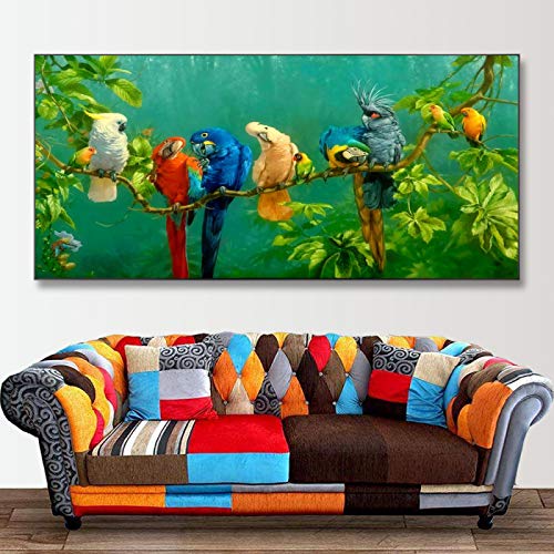 Malerei auf Leinwand Poster Bunte Papageien Vogel auf Zweigen Bild auf Kunstdrucken Wandmalerei für Wohnzimmer Dekor 80x160cm (32x63in) Rahmenlos von Yuefa Art