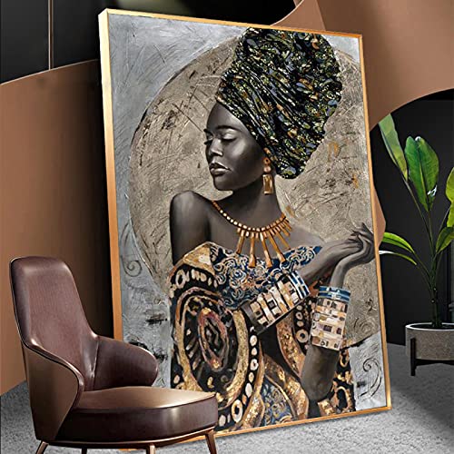 Moderne Luxus Adel Afrikanische Frau Poster Druckt Leinwand Kunst Portrait Schwarz Mädchen Wandmalerei Dekor Für Wohnzimmer 80x120cm (32x47in) Rahmenlos von Yuefa Art