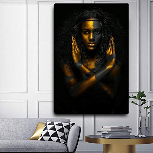 Schwarz und Gold Afrikanische Frau Indische Malerei auf Leinwand Poster und Drucke Skandinavische Wandkunst Bild für Wohnzimmer 35x49cm (14x19in) Rahmenlos von Yuefa Art