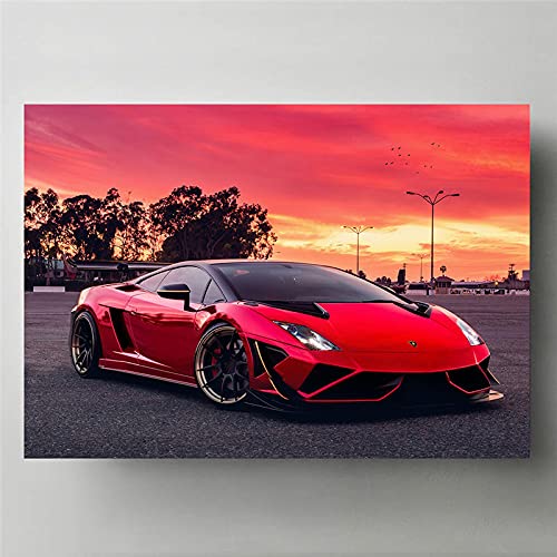 Supercars Wandkunst Leinwand Gemälde Gallardo Red Sunset Racing Cars Poster und Drucke Bilder für Wohnzimmer Dekor 60x84cm (24x33in) Rahmenlos von Yuefa Art
