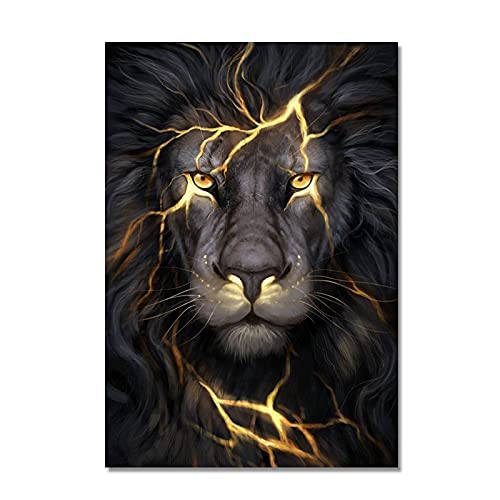 Wandkunst Poster Schwarz und Goldenes Licht Löwe Leinwand Malerei Modernes Tierbild für Wohnzimmer Dekoration 80x127cm (31x50in) Rahmenlos von Yuefa Art