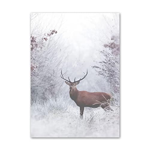 Weihnachten Winter Hirsch Gras Rohholz Nordic Poster Print Leinwand Malerei Wandkunst Bilder Für Wohnzimmer Dekor Kunstwerk 50x70cm (20x28in) Rahmenlos von Yuefa Art