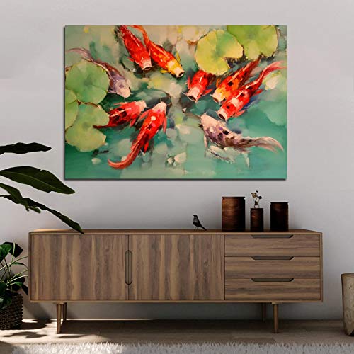 Yuefa Art Bilder Leinwand Gemälde Koi Fisch Feng Shui Karpfen Lotus Teich Fisch Poster und Drucke Wandbilder Für Wohnzimmer Dekor 70x100cm(28x39in) Rahmenlos von Yuefa Art