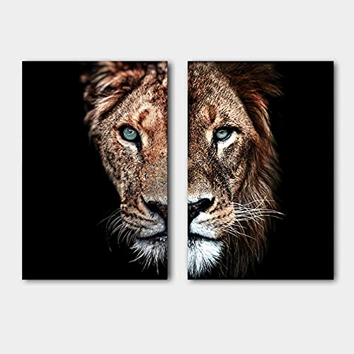 Yuefa Art Männlicher Löwe und Löwin Leinwand Gemälde an der Wand Kunstdruck Schwarz Weiß Moderne Bilder Dekor Poster Drucke für Zimmer 80x100cm (32x39in) x2 Rahmenlos von Yuefa Art