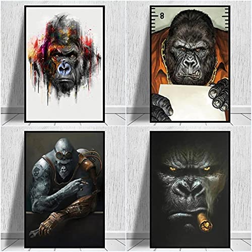 Yuefa Art Wand Leinwand Malerei Artcolour Tattoo Gorilla Affe Poster Print HD Bilder Junge Zimmer Home Ästhetik Dekor Leinwand 50x70cm (20x28in) x4 Rahmenlos von Yuefa Art