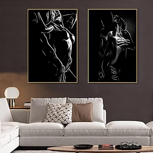 Yuefa Art Wandkunst Poster Druck Schwarz und Weiß Paar Leinwand Malerei Körper Frauen Mann Wandbild für Zimmer Wohnkultur Cuadros 70x100cm (28x39in) x2 Rahmenlos von Yuefa Art