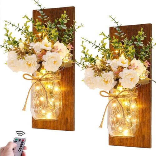 Yuehuamech 2PCS Rustic Mason Jar Sconces Jar Lichter Hanging Wall Lights mit Fernbedienung Timer LED Pfingstrose Eukalyptus Kunst LED Lichterkette für Haus Bauernhof Schlafzimmer Dekor von Yuehuamech