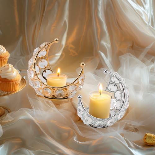 2 Stück Mond Kerzenhalter Kristall Teelichthalter Laterne Kerzenhalter Metall Eisen Hollowed Teelicht Kerzenhalter für Abendessen Tabelle Hochzeit Party Centerpiece Dekor Golden + Silber von Yuehuamech