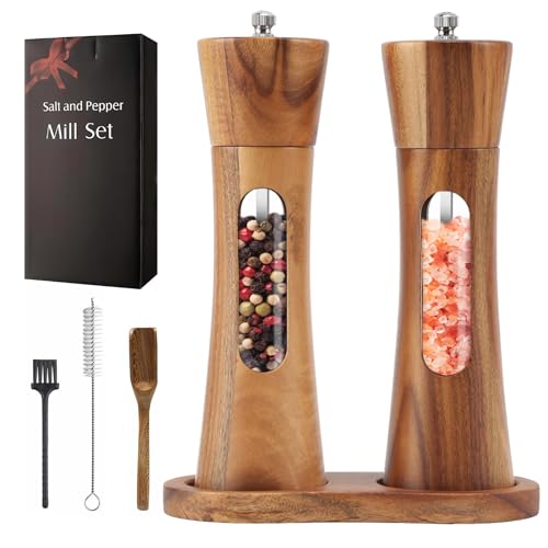Salz- und Pfeffermühle 2er- Set, nachfüllbare manuelle Salz- und Pfeffermühlen aus Holz mit verstellbarem Keramikkern und Sichtfenster aus Acryl für Schwarzpfeffer, Salz und Gewürze von Yuehuamech
