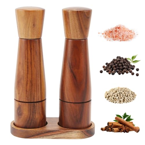 Salz- und Pfeffermühlenset 2er Set Holzpfeffermühlen mit Tablett Einstellbare Schärfe Gewürzmühle Nachfüllbare Salz- & Pfeffermühlen für die Küche von Yuehuamech