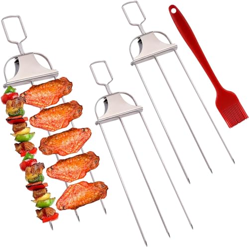 Yuehuamech 3 Stück 3- Wege- Grillspieße Edelstahl- Grillspieße mit Schiebestange Schieber Pinsel und Tasche Wiederverwendbare Grillspieße für Fleisch Gemüse Huhn Würstchen Grillzubehör von Yuehuamech