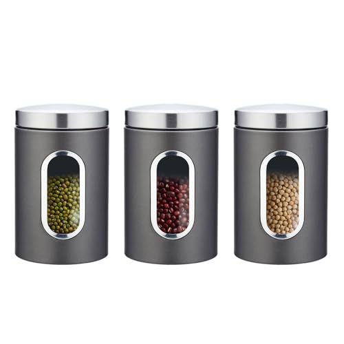 Yuehuamech Canister Set of 3,Stainless Steel Kitchen Storage Boxes with Transparent Window Food Storage Organizer Jars for Sugar Tea Coffee Candy Farmhouse von Yuehuamech