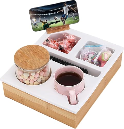 Yuehuamech Couch Becherhalter Tablett Silikon Holz Couch Tablett Caddy mit drehbarer Handyhalterung Sofatablett Couch Bar Snackbox für Snacks Getränkemagazin Fernbedienung Sofa Bett Autositz RV von Yuehuamech