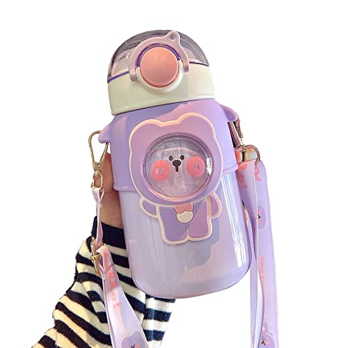 Yuehuamech Kawaii Wasserflasche 600ml Trinkflasche Vakuum Isolierte Wasserflasche Lecksichere Stroh Wasserflasche mit Schultergurt für tägliche Sport- Arbeitsschule im Freien von Yuehuamech