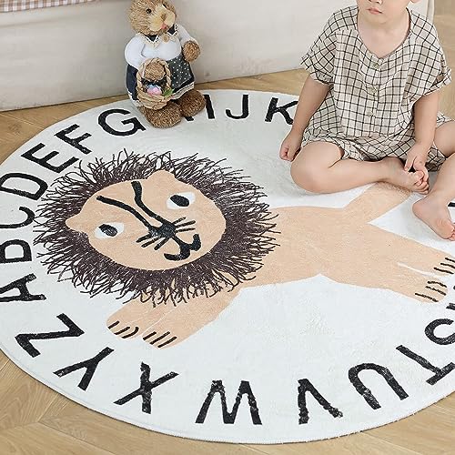 Yuehuamech Runde Fläche Teppich Kinder Spielen Matte Boden Kinderzimmer Teppich 40Inch Kreis Cartoon Tier pädagogische Lernen Crawling Matte Wurf Teppich für Baby Spielzimmer Wohnzimmer Schlafzimmer von Yuehuamech