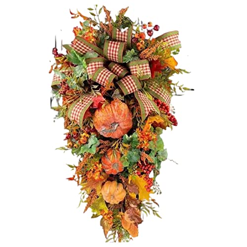 Yuemei Herbst-Kürbis-Kranz-Haustür-künstlicher Herbst-Kranz für Zuhause-Bauernhaus-Dekoration und Festival-Feier Kranz Rohling 60 cm (Orange, One Size) von Yuemei