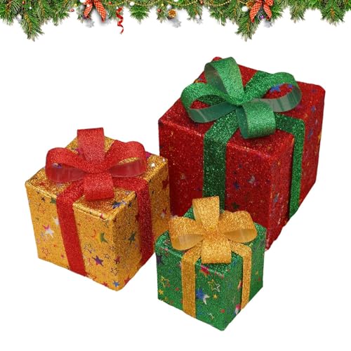 Yuemeuy Christmas Box Dekoration,LED Beleuchtete Weihnachtsgeschenkboxen Deko - 3-TLG. Deko Mit Fernbedienung Für Schlafzimmer Wohnzimmer Terrasse Garten Unter Den Baum von Yuemeuy