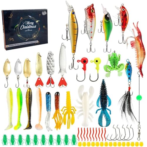 Yuemeuy Fishing Countdown Kalender - 24 Tage Weihnachts Countdown Angelzubehör Set | Realistisches Köder-Set für Süß- und Salzwasser Angler Erwachsene Jugendliche von Yuemeuy