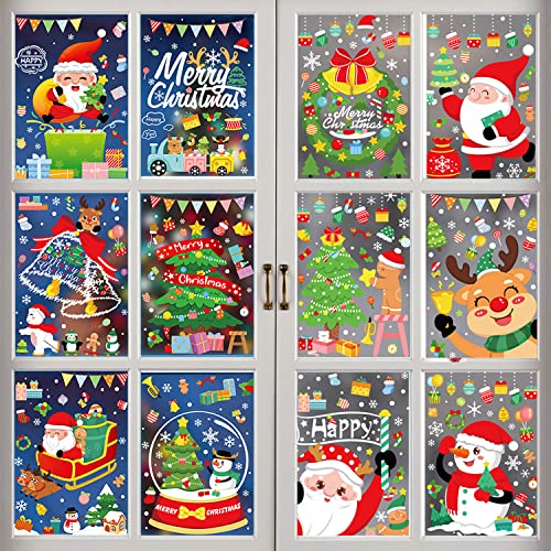 Yueser Fensterbilder Weihnachten Selbstklebend, Fensterbilder Weihnachten Kinder Fensteraufkleber Fenstersticker Fensterdeko Wandtattoo Weihnachten Statisch Haftende PVC Fenster Aufkleber 12 Blätter von Yueser