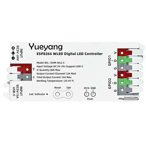 WLED LED Strip Controller, Smart Dimmer ESP8266 DC12V 800IC Segmented Color digital light strip For DIY WS2811 WS2812B SK6812 SM16703P RGBW Strip Lights, DC 5V 12V 24V USB-C type von Yueyang