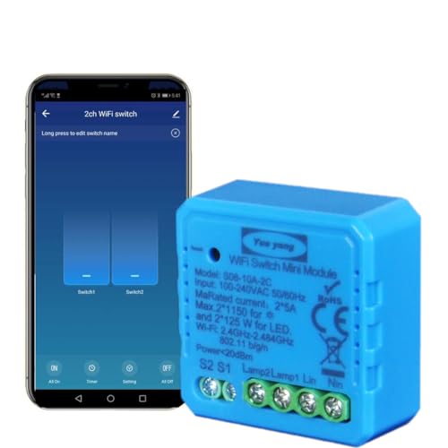 WiFi-Schalter, 2 Gang 2 Wege Smart Timer Switch funktioniert in Parallel mit Original-Wandschalter, kompatibel mit Alexa Echo und Google Home, Relaisempfänger 2500 W von Yueyang