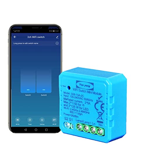 Yueyang Intelligenter Schalter Diy WiFi Light Switch 2 Gang 1/2 Way Module Life/Tuya App Mini Modul für Light kompatibel mit Alexa und Google Home 220v (ys082c) von Yueyang