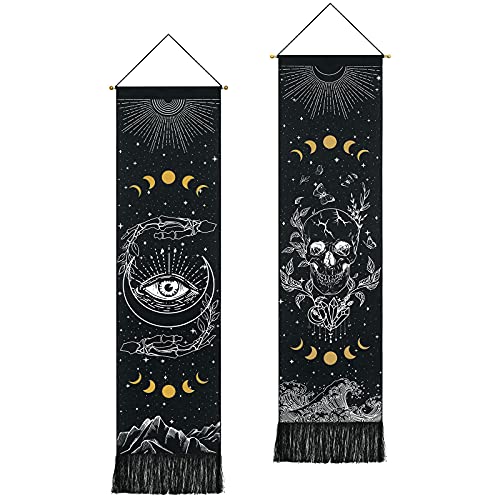 Yugarlibi 2 Pack Schädel böse Auge Wandteppich Wandbehänge schwarz Mondphasen Wandteppich Steleton Hand Ozean Welle Wandteppiche Berg Wandkunst für Schlafzimmer Wohnzimmer Schlafsaal Home 130x32.5cm von Yugarlibi